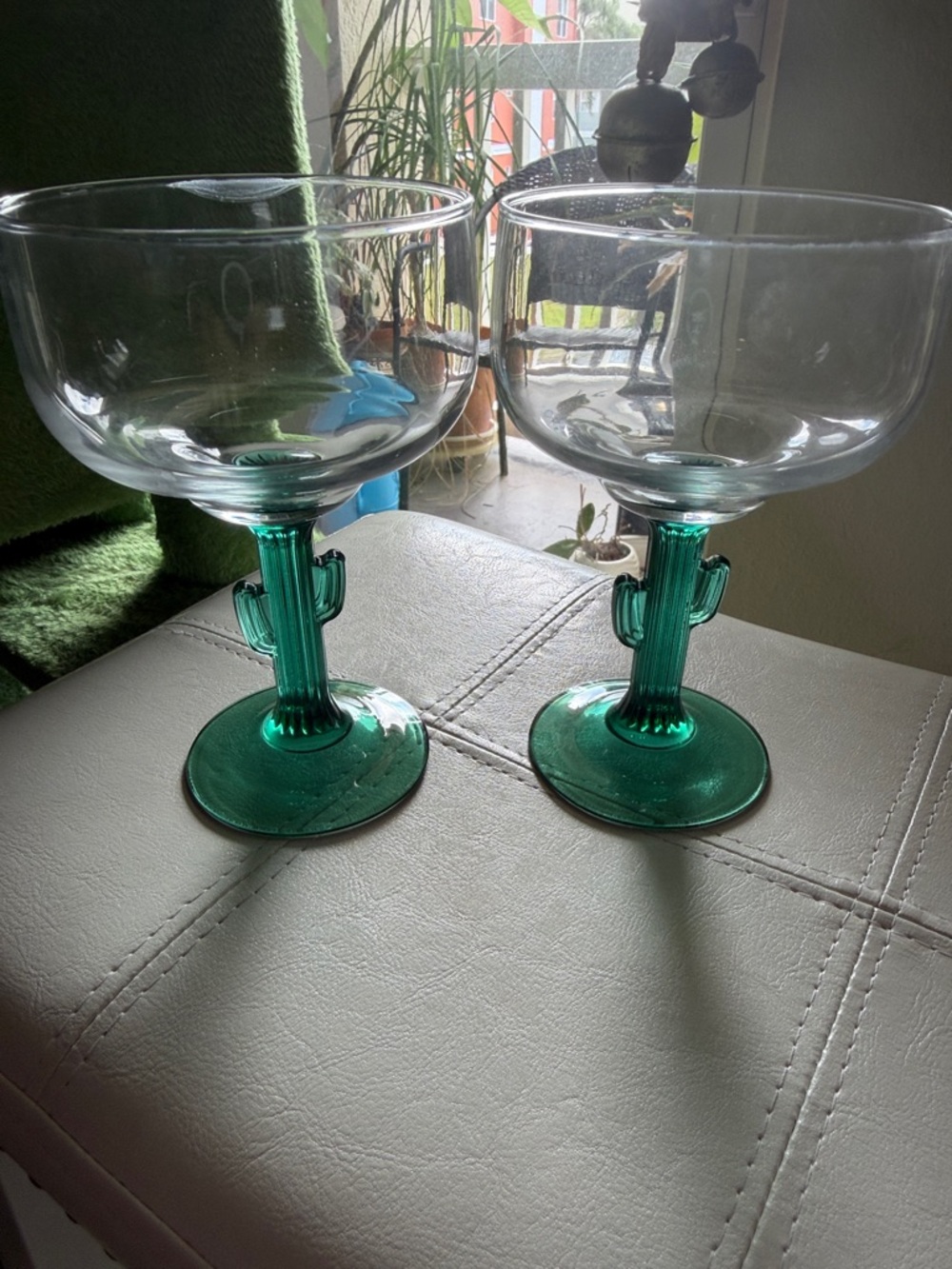 Set of Two Clear Margarita Glasses with Green Cactus Stems